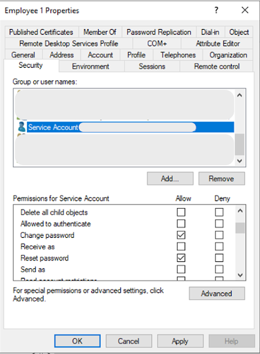 A screen capture of the Properties menu with Service Account selected with Change password and Reset password set to Allow.