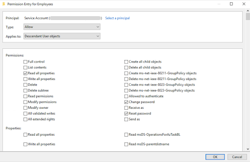 A screen capture of the Permission Entry menu for the Principal Service Account with Read all properties, Change password, and Reset password selected.