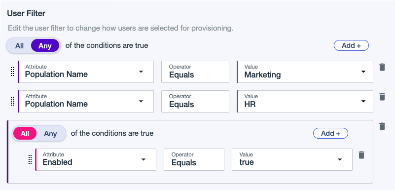 A screen capture of a user filter that matches enabled users from the Marketing and HR populations