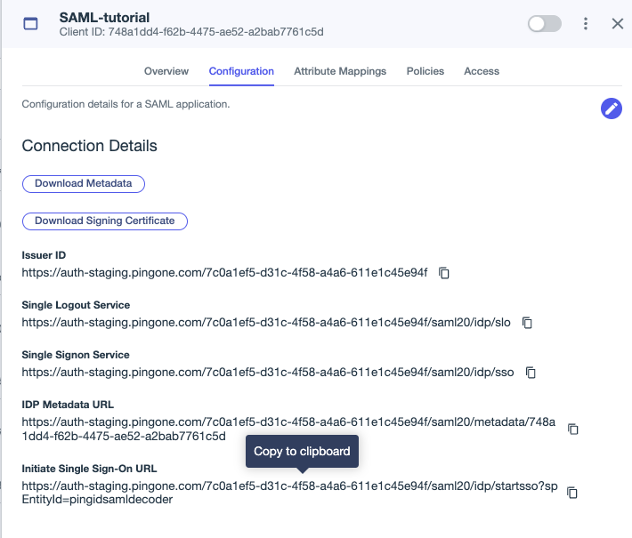 Screen capture of the Configuration tab for a web app with the Initiate Single Sign-on URL highlighted