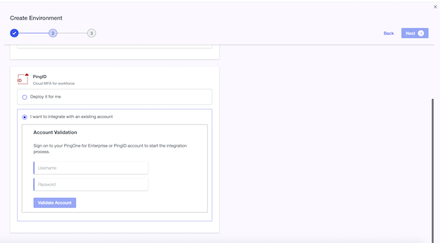 Screen capture of PingID environment deployment screen, with the option selected to integrate PingID with an existing account.