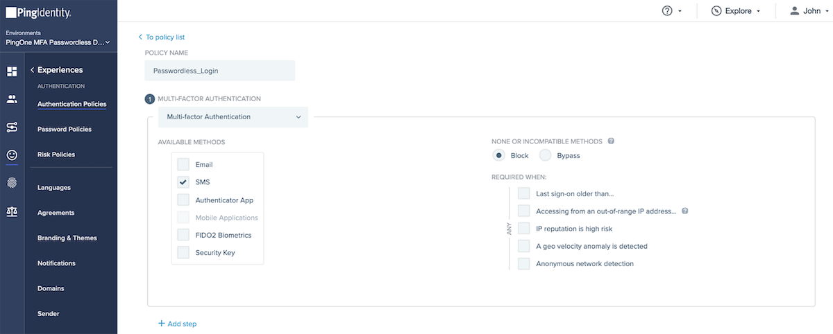 A screen capture of the Authentication Policy for the Passwordless Login Application in PingOne.