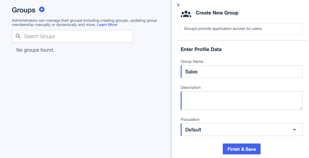 Screen capture of the Create New Group page with Sales entered as the Group Name and Default selected in the Population field