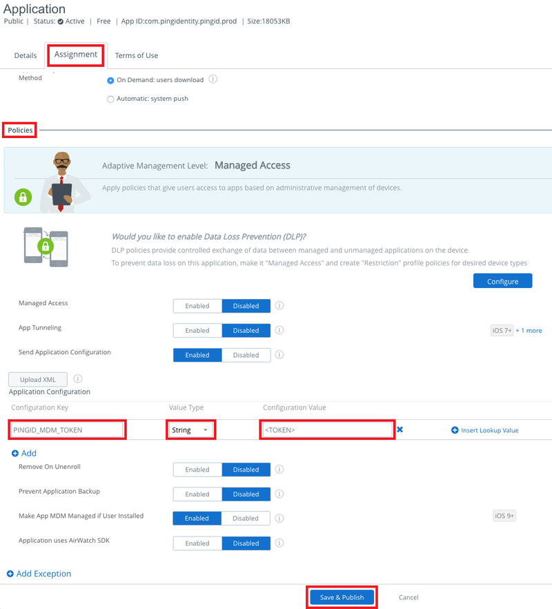 Screen capture of the Assignments tab with the Polices section and required fields highlighted.