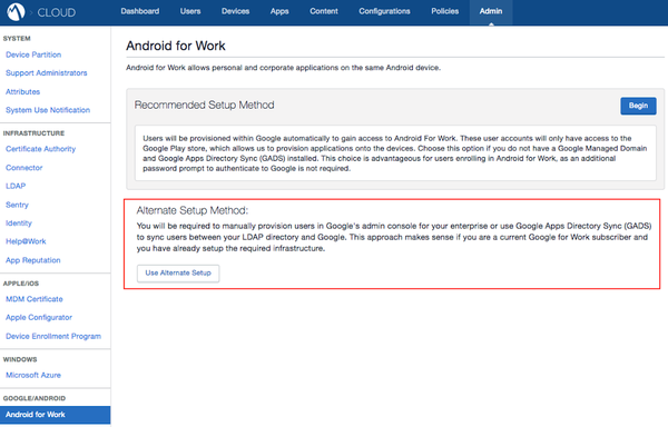 Screen capture of the Android for Work window with the Alternate Setup Method option highlighted.