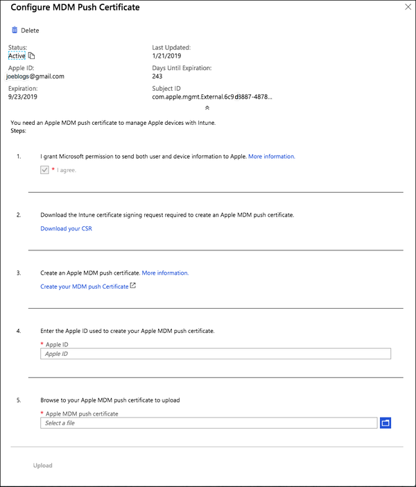 A screen capture of the Configure MDM Push Certificate.