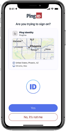 An image of the PingID Approve 'Yes' button on an iPhone. it also shows the option to select 'No it’s not me' for fraudulent requests.