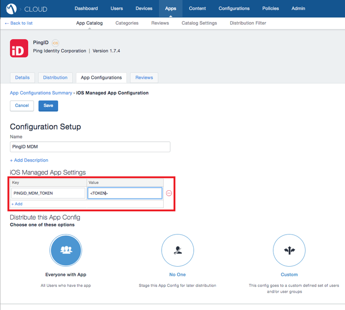 Screen capture of the PingID App Configurations tab with the iOS Managed App Settings fields for Key and Value highlighted.