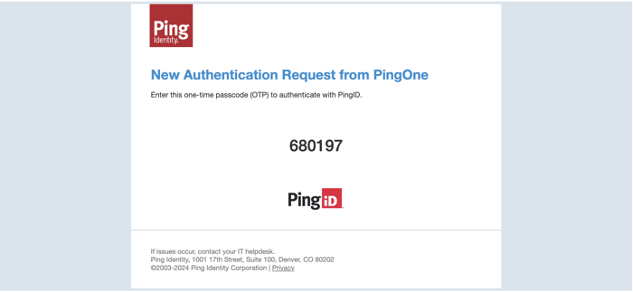 Screen capture of an example email showing a one-time passcode that can be used for a new authentication request.