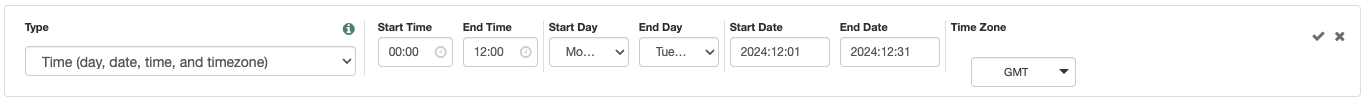 Day, date and time conditions in policies must consist of a start and an end value.