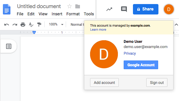 Google Docs showing a federated identity authenticated by Advanced Identity Cloud, the trusted IdP.