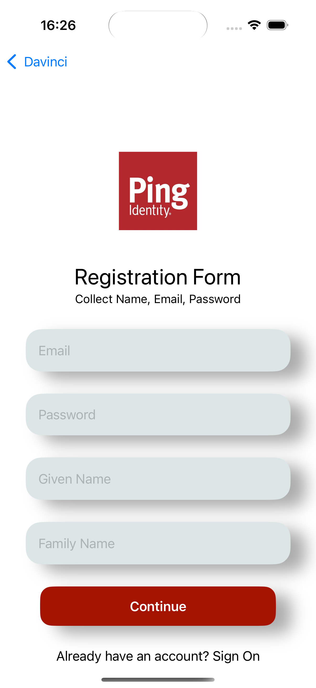 The DaVinci sample app registration screen