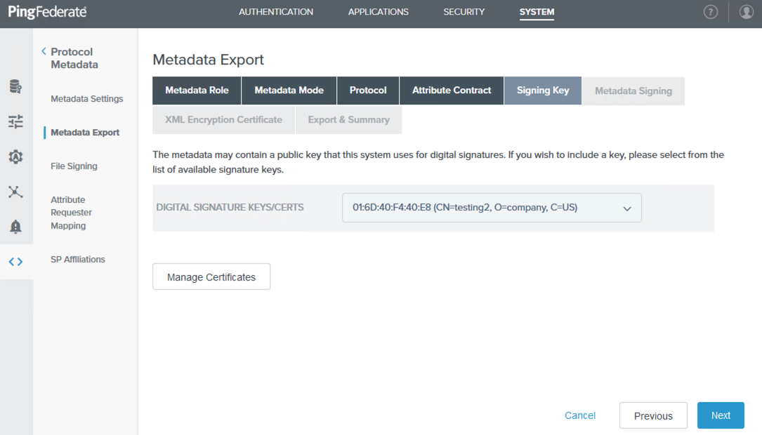 A screen capture of Signing Key tab in the administrative console.