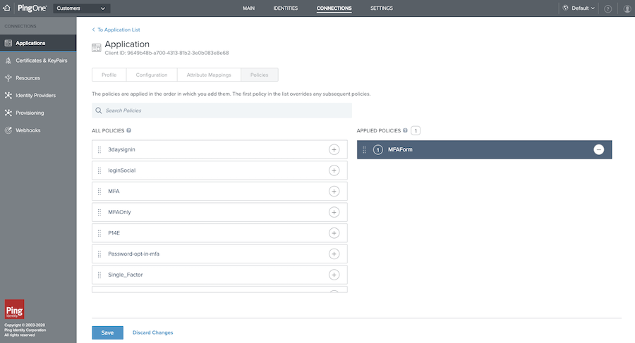 Screen capture of the Policies tab with the All Policies and Applied Policies lists displayed. One policy, shown in dark blue gray, has already been dragged to the Applied Policies list.