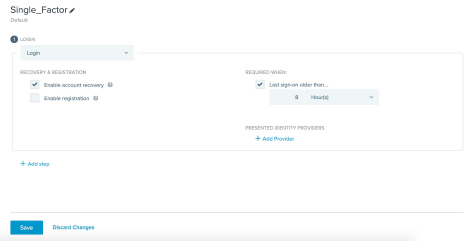 Screen capture of the edit page for the Single_Factor policy. There are modifiable configurations for Login, Recovery & Registration, Requested When, and Presented Identity Providers. The Recovery & Registration section has checkboxes for Enable account recovery and Enable registration. The Enable account recovery checkbox is selected.