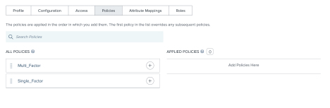 Screen capture of the Policies tab with existing policies for All Policies and Applied Policies. The All Policies section has Multi_Factor and Single_Factor listed.