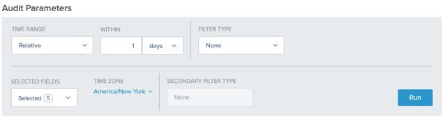 Screen capture of the Audit Parameters section in PingOne, with the Time Range, Within, Filter Type, Selected Fields, Time Zone, and Secondary Filter Type fields.