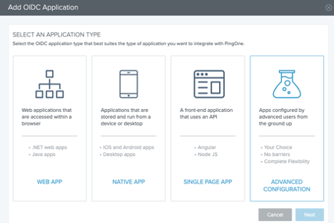 Screen capture showing how to select the Advanced Configuration option for the OIDC application.