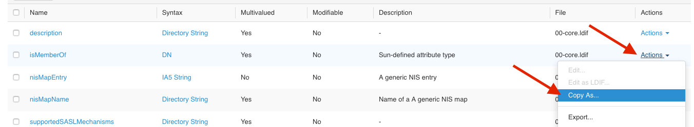 A screen capture of the Attribute Types list. The Actions list next to isMemberOf is highlighted with a red arrow and Copy As is selected.