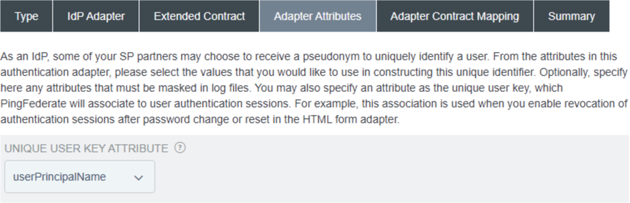 Screen capture showing the Unique User Key Attribute set to userPrincipalName in the Adapter Attributes tab.