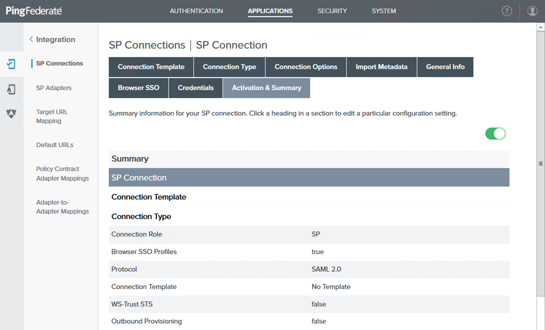 A screen capture of the Activation & Summary tab in the administrative console.