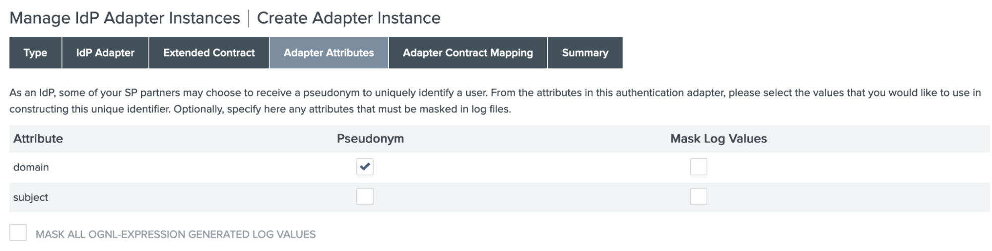 Screen capture of the Create adapter instance page with the pseudonym checkbox selected for the domain attribute on the Adapter attributes tab