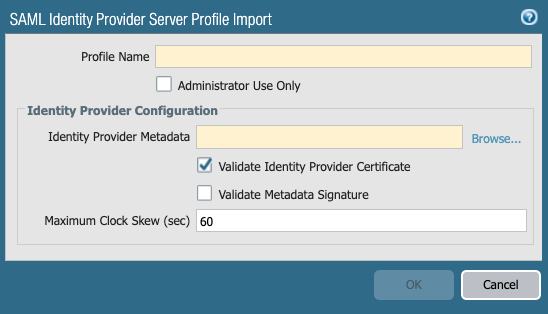 A screen capture of the SAML Identity Provider Server Profile Import window in Palo Alto NGFW.