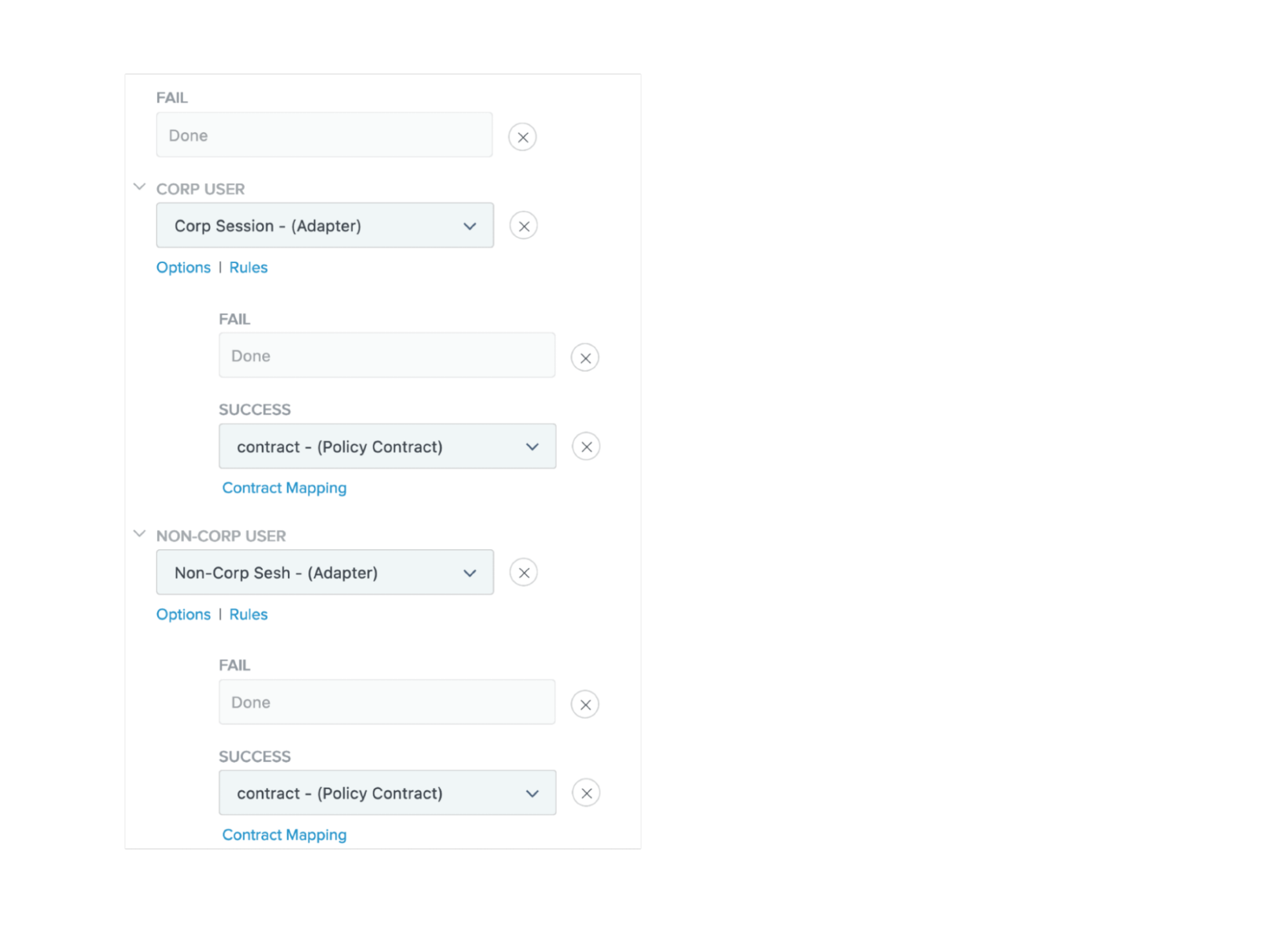 Screen capture of the No Session policy branch on the policy creation page with the corporate and non-corporate user paths configured as outlined above