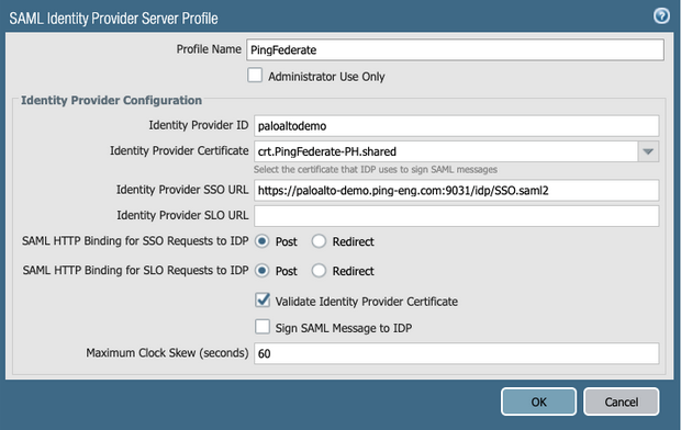 A screen capture of the SAML Identity Provider Server Profile window in Palo Alto NGFW.