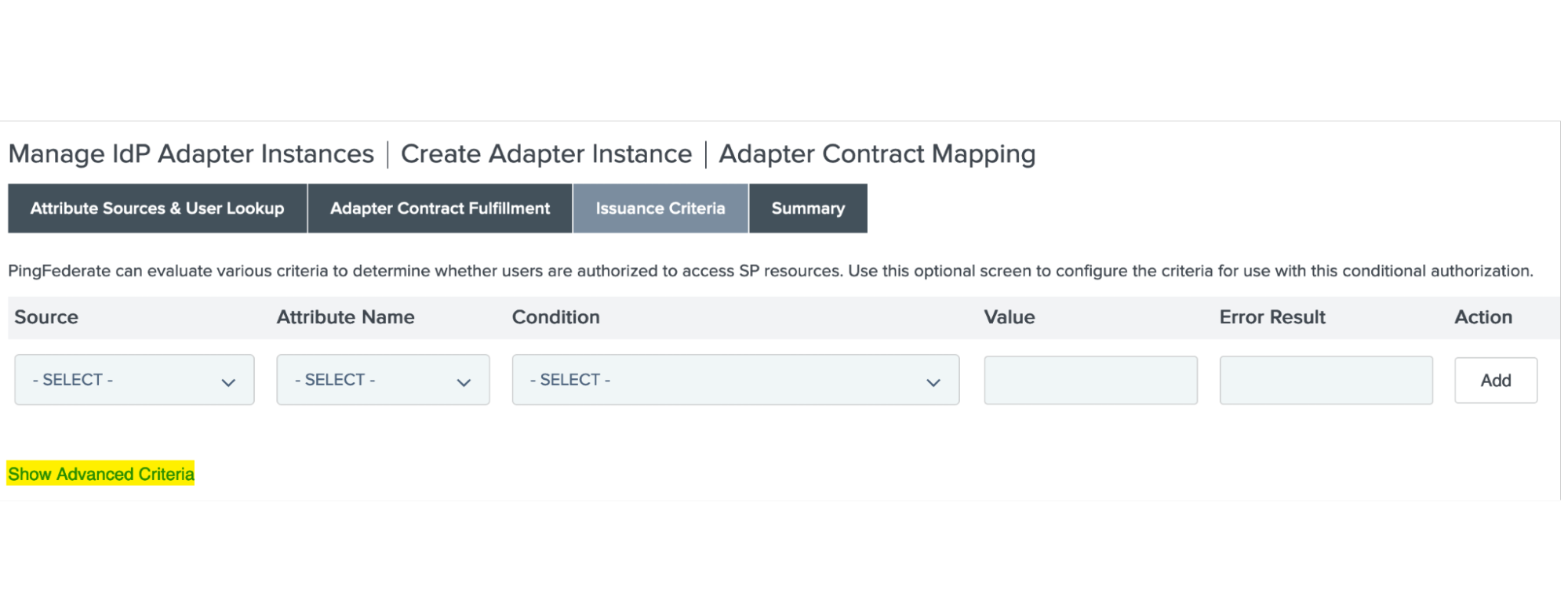 Screen capture of the Adapter contract mapping page with the Show advanced criteria button highlighted on the Issuance criteria tab