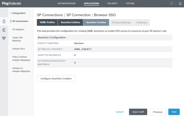 Screen capture of the administrative console on the Assertion Creation tab for configuring a browser SSO with the Configure Assertion Creation button available.