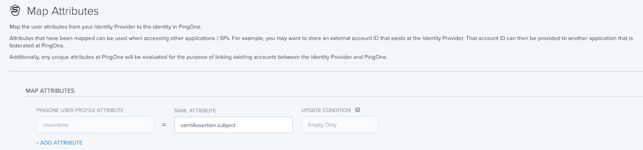 Screen capture of the Map Attributes window showing the PingOne User Profile Attribute, OIDC Attribute and Update Condition fields.