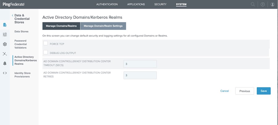 Screen capture of the Manage Domain/Realm Settings tab showing the optional checkboxes for Force TCP and Debug Log Output. It also shows the optional AD Domain Controller/Key Distribution Center Timeout and Ad Domain Controller/Key Distribution Center Retries fields.