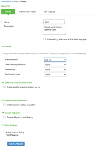 Screen capture of the General tab of the User Realms section of the Pulse Secure console.