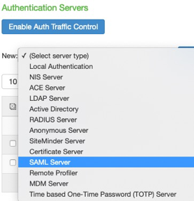 Screen capture of the Server Type list with the SAML Server highlighted in blue.