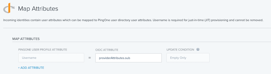 Screen capture of the Map Attributes window showing the PingOne User Profile Attribute, OIDC Attribute and Update Condition fields.