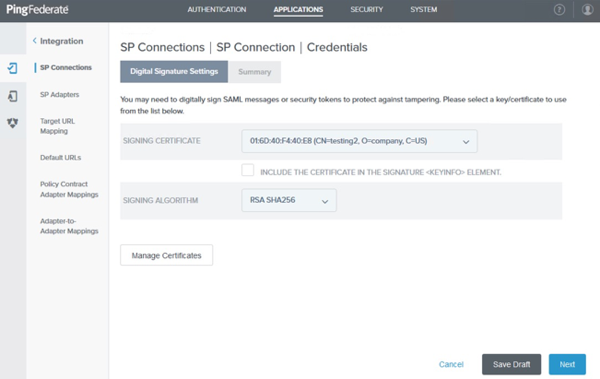 Screen capture of the administrative console on the Digital Signature Settings tab with the Manage Certificates button available.