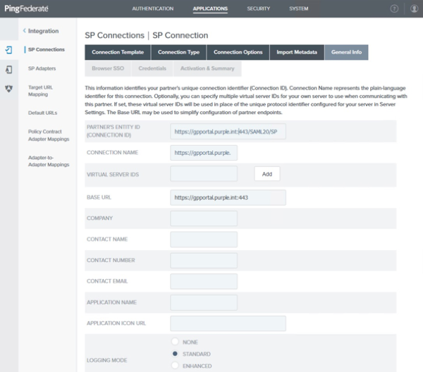 Screen capture of the administrative console on the General Info tab for creating an SP connection.