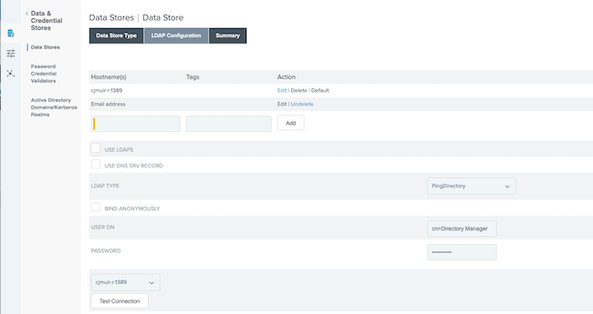 A screen capture of the Data Store window and LDAP Configuration tab in . The LDAP Configuration tab contains multiple configuration fields for the user to edit. The following fields and their entries are displayed: Hostname(s) with cjmuir-r:1389 and selected as the default, another row of Hostname(s) with Email address, a cleared Use LDAPS checkbox, a cleared Use DNS SRV Record checkbox, the Load Type list with the option selected, a cleared Bind Anonymously checkbox, the User DN field with cn=Directory Manager entered, the Password field with a hidden entry, and cjmuir-r:1389 selected from the connection list, and the Test Connection button displayed.