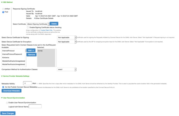 Screen capture of the Pulse Secure administrative console with the New Server configuration page showing the SSO Method, Service Provider Metadata Settings, and User Record Synchronization sections.