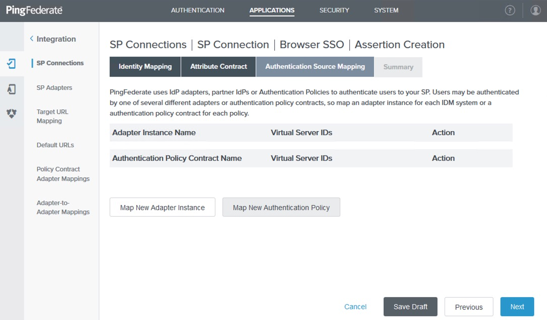 Screen capture of the administrative console on the Authentication Source Mapping tab for configuring an assertion creation.