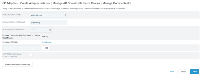 Screen capture of the Manage Domain/Realm window showing the domain/Realm Name, Domain/Realm Username, Domain/Realm Password fields. Below those are the options for Domain Controller/Key Distributions Center Host Names.