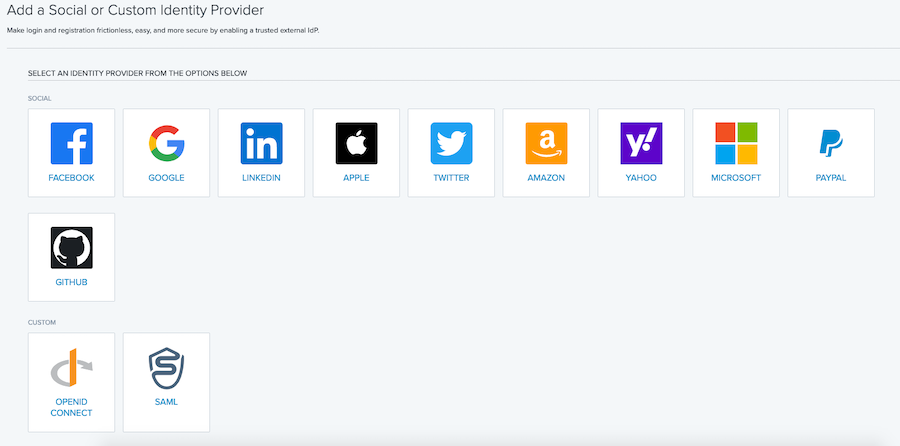 Screen capture of the Add a Social or Custom Identity Provider window showing OpenID Connect and SAML options near the bottom.